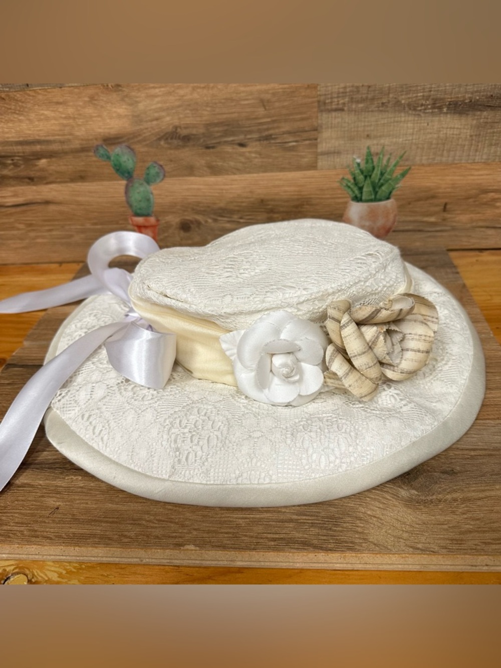 Handmade Derby hat white lace coquette floral satin